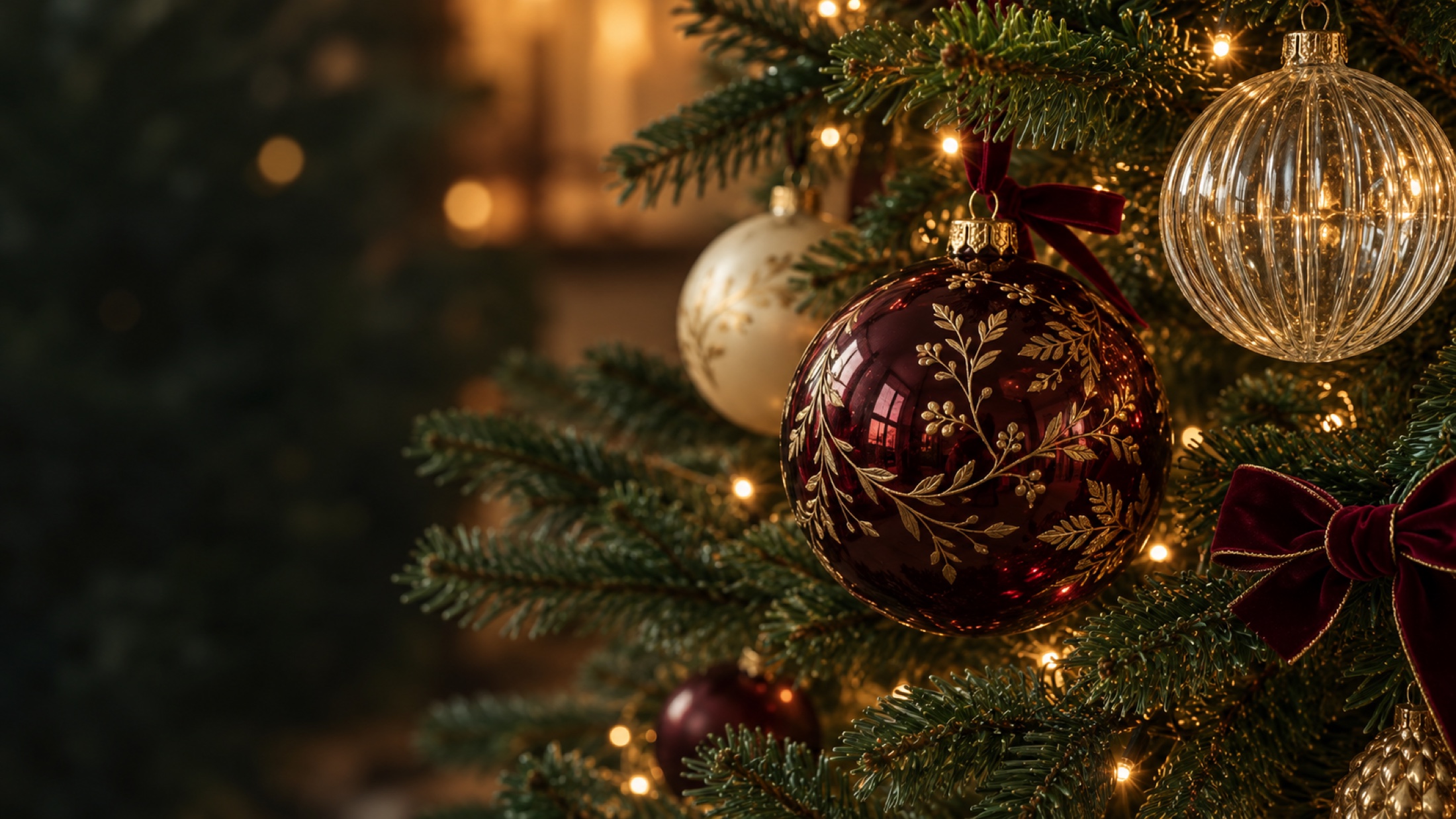Burgundy and golden ornaments on fir branches